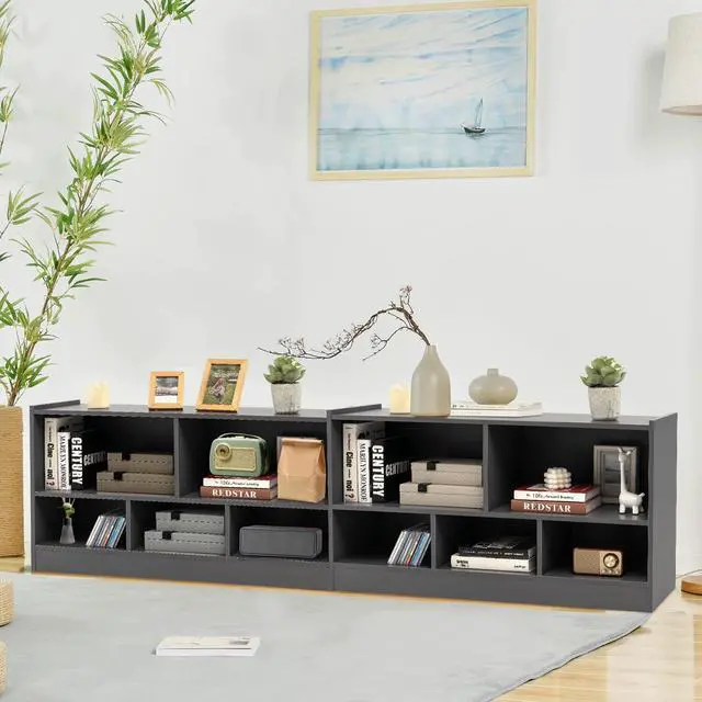 Alt view image 5 of 6 - 5 Cube Bookcase, 2 Tier Wooden Storage Open Bookshelf, Multipurpose Display Storage Cabinet for Living Room, Bedroom, Hallway, Kid's Playroom, Reading Nook (Grey)