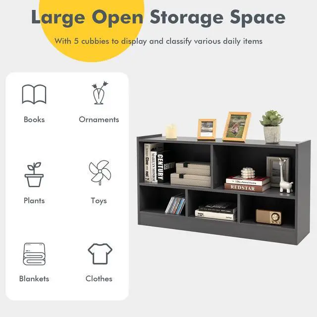 Alt view image 6 of 6 - 5 Cube Bookcase, 2 Tier Wooden Storage Open Bookshelf, Multipurpose Display Storage Cabinet for Living Room, Bedroom, Hallway, Kid's Playroom, Reading Nook (Grey)