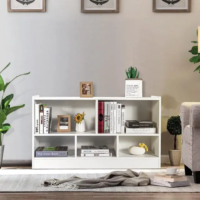 Alt view image 2 of 6 - 5 Cube Bookcase, 2 Tier Wooden Storage Open Bookshelf, Multipurpose Display Storage Cabinet for Living Room, Bedroom, Hallway, Kid's Playroom, Reading Nook (White)