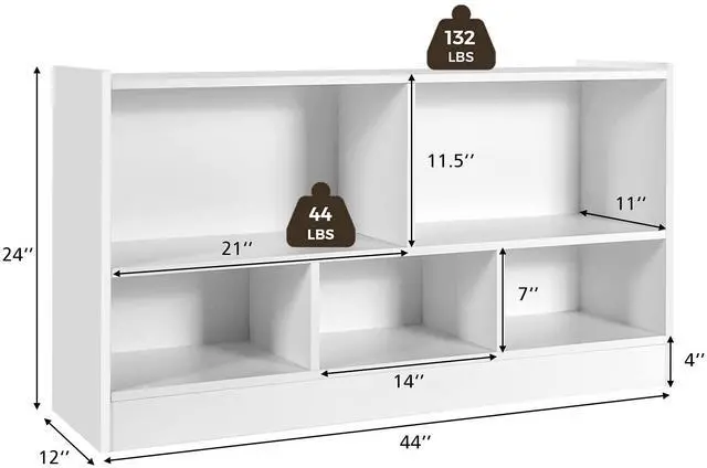 Alt view image 3 of 6 - 5 Cube Bookcase, 2 Tier Wooden Storage Open Bookshelf, Multipurpose Display Storage Cabinet for Living Room, Bedroom, Hallway, Kid's Playroom, Reading Nook (White)
