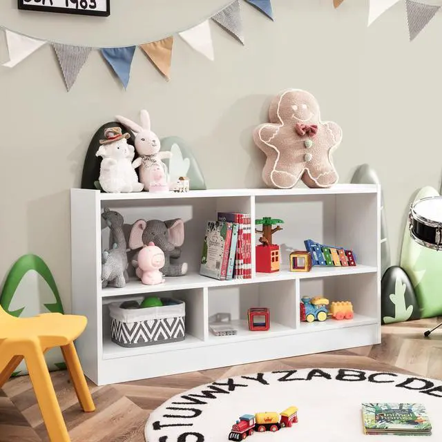 Alt view image 4 of 6 - 5 Cube Bookcase, 2 Tier Wooden Storage Open Bookshelf, Multipurpose Display Storage Cabinet for Living Room, Bedroom, Hallway, Kid's Playroom, Reading Nook (White)