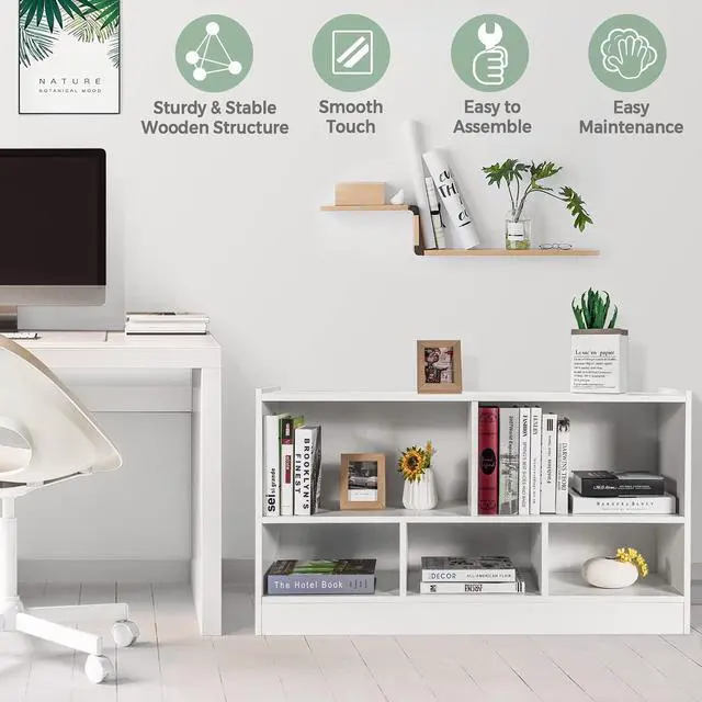 Alt view image 5 of 6 - 5 Cube Bookcase, 2 Tier Wooden Storage Open Bookshelf, Multipurpose Display Storage Cabinet for Living Room, Bedroom, Hallway, Kid's Playroom, Reading Nook (White)