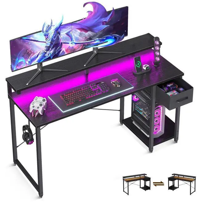 Main image of Gaming Desk with LED Lights, 55 Inch Computer Desk with Drawers, Reversible Small Desk with Monitor Stand & Headphone Hook for Home Office, Black