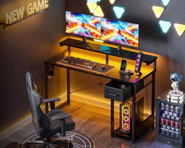 Alt view image 2 of 6 - Gaming Desk with LED Lights, 55 Inch Computer Desk with Drawers, Reversible Small Desk with Monitor Stand & Headphone Hook for Home Office, Black