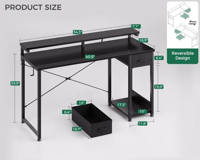 Alt view image 3 of 6 - Gaming Desk with LED Lights, 55 Inch Computer Desk with Drawers, Reversible Small Desk with Monitor Stand & Headphone Hook for Home Office, Black