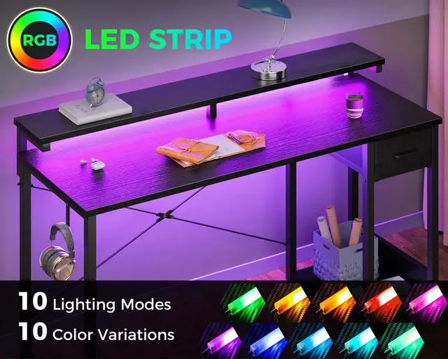 Alt view image 4 of 6 - Gaming Desk with LED Lights, 55 Inch Computer Desk with Drawers, Reversible Small Desk with Monitor Stand & Headphone Hook for Home Office, Black