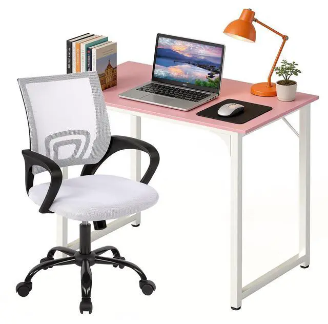 Main image of 32 Inch Home Office Desk and Chair Set,32 Inch Computer Desk with Ergonomic Height Adjustable Office Chair for Home Office,Pink&White