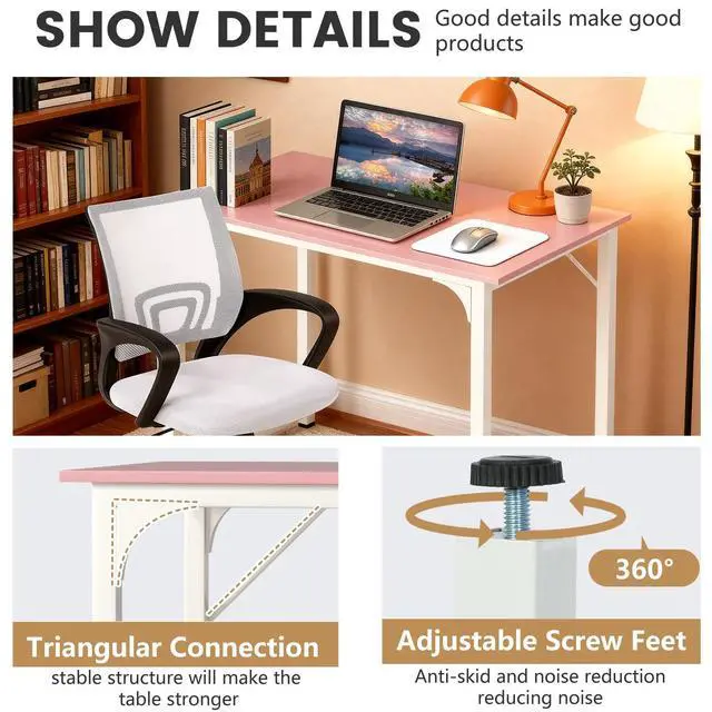 Alt view image 3 of 6 - 32 Inch Home Office Desk and Chair Set,32 Inch Computer Desk with Ergonomic Height Adjustable Office Chair for Home Office,Pink&White
