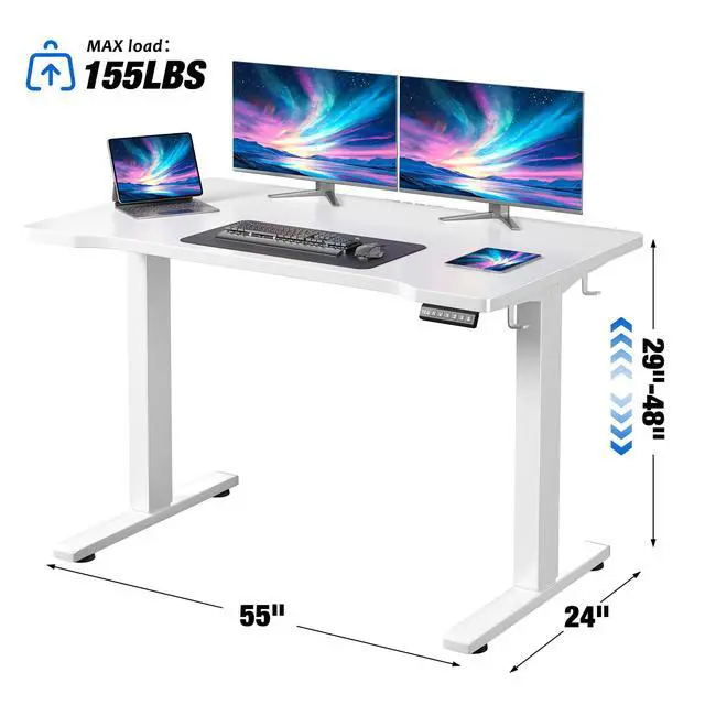 Alt view image 2 of 6 - Electric Standing Desk with LED Lights,Computer Desk 56 x 24 Inch Height Adjustable with 3 Memory Preset,Gaming Sit Stand Desk with Storage Side Pocket and Cable Management,White
