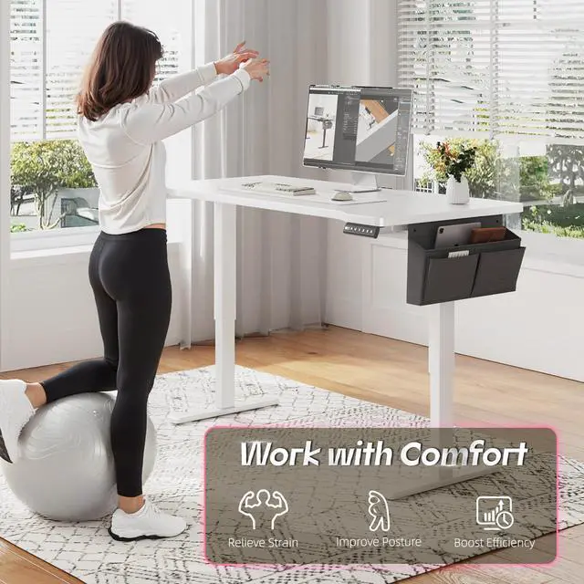 Alt view image 4 of 6 - Electric Standing Desk with LED Lights,Computer Desk 56 x 24 Inch Height Adjustable with 3 Memory Preset,Gaming Sit Stand Desk with Storage Side Pocket and Cable Management,White