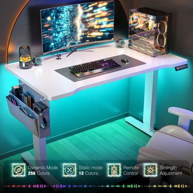Alt view image 5 of 6 - Electric Standing Desk with LED Lights,Computer Desk 56 x 24 Inch Height Adjustable with 3 Memory Preset,Gaming Sit Stand Desk with Storage Side Pocket and Cable Management,White
