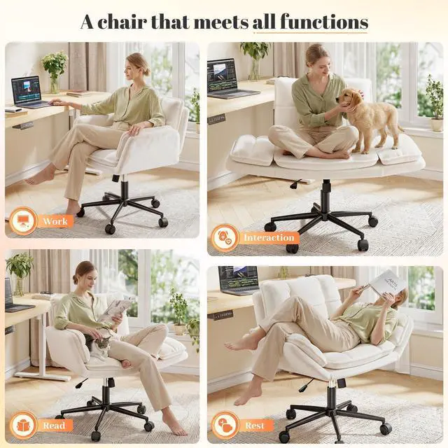 Alt view image 3 of 6 - Criss Cross Chair with Flip-Up Arms & Swivel Wheels, Cross Legged Chair with Adjustable Height Comfortable Wide Seat Reclining Computer Office Desk Chairs for Home Office, Make Up, Bed Room