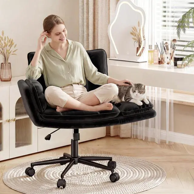 Main image of Criss Cross Chair with Wheels, Fluffy Vanity Chair with 5-Gear Flip Armrests, Cross Legged Swivel Seat for Bedroom, Makeup Vanity, Home Office, Dorm, Black