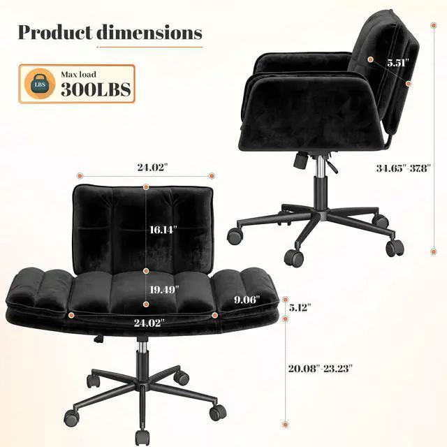 Alt view image 2 of 6 - Criss Cross Chair with Wheels, Fluffy Vanity Chair with 5-Gear Flip Armrests, Cross Legged Swivel Seat for Bedroom, Makeup Vanity, Home Office, Dorm, Black