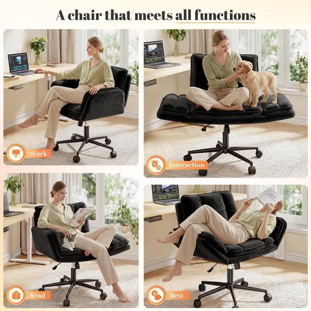 Alt view image 3 of 6 - Criss Cross Chair with Wheels, Fluffy Vanity Chair with 5-Gear Flip Armrests, Cross Legged Swivel Seat for Bedroom, Makeup Vanity, Home Office, Dorm, Black