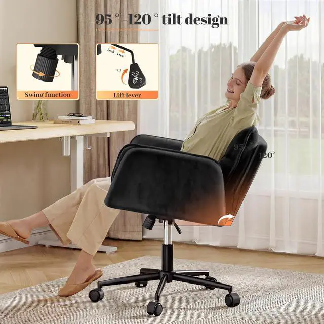Alt view image 6 of 6 - Criss Cross Chair with Wheels, Fluffy Vanity Chair with 5-Gear Flip Armrests, Cross Legged Swivel Seat for Bedroom, Makeup Vanity, Home Office, Dorm, Black