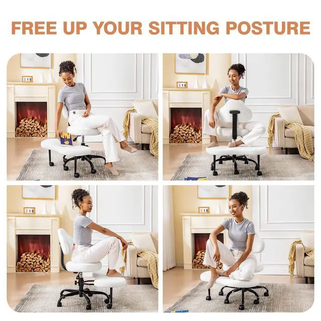 Alt view image 2 of 6 - Cross Legged Office Chair, Criss Cross Desk Chair ADHD Meditation Kneeling Yoga Seat with Adjustable Height, Lumbar Support, Wider Footrest and Wheels (Pearl White)