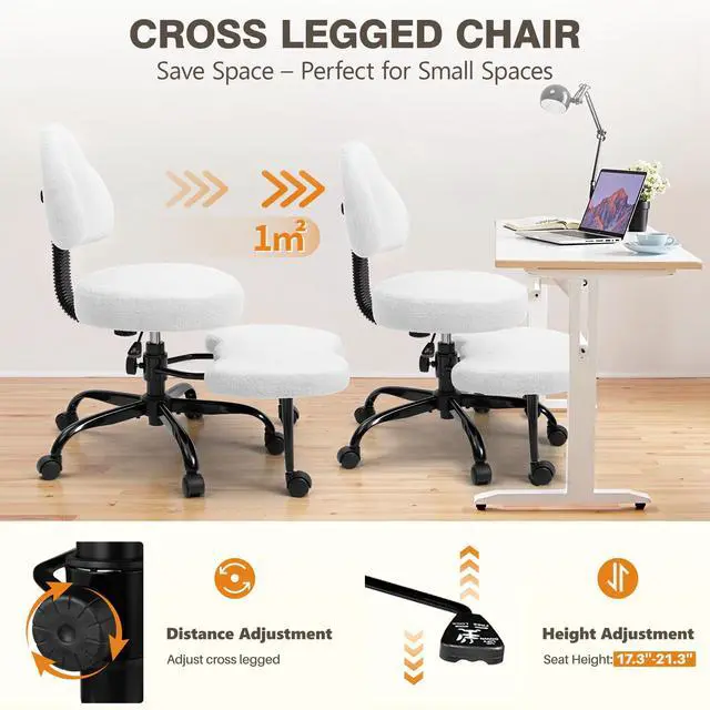 Alt view image 3 of 6 - Cross Legged Office Chair, Criss Cross Desk Chair ADHD Meditation Kneeling Yoga Seat with Adjustable Height, Lumbar Support, Wider Footrest and Wheels (Pearl White)