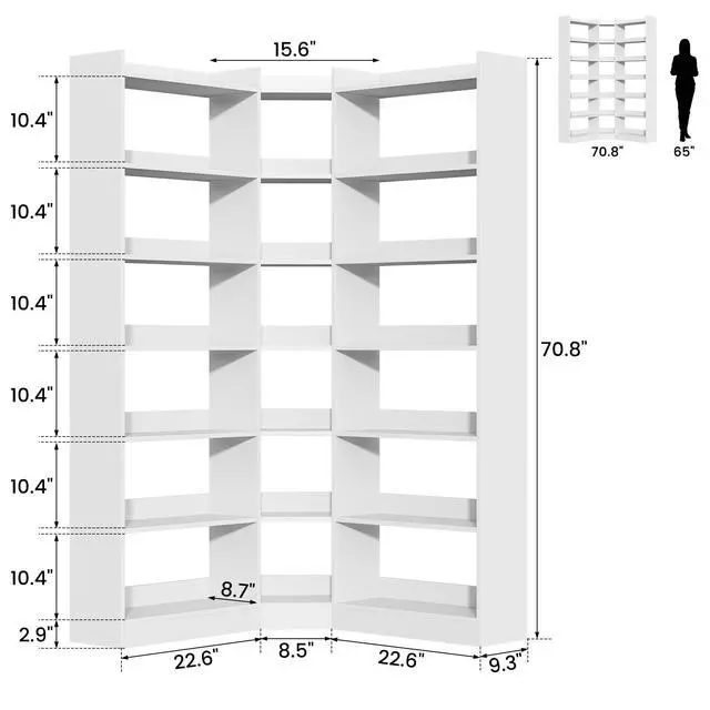 Alt view image 2 of 6 - 70.8" Tall Corner Bookshelf, 7 Tiers Large Etagere Bookcases with Baffles, L-Shaped Modern Storage Display Rack Industrial Bookshelves for Bedroom, Home Office, Living Room & Kitchen, White