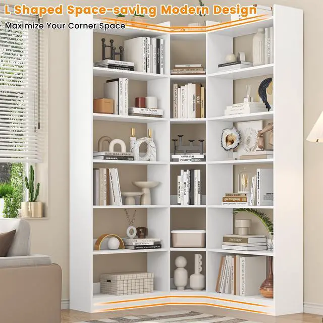 Alt view image 3 of 6 - 70.8" Tall Corner Bookshelf, 7 Tiers Large Etagere Bookcases with Baffles, L-Shaped Modern Storage Display Rack Industrial Bookshelves for Bedroom, Home Office, Living Room & Kitchen, White
