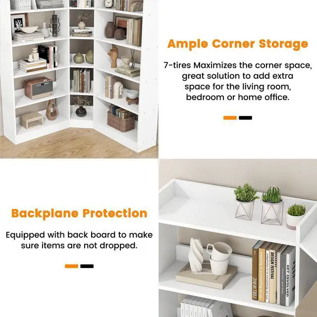 Alt view image 4 of 6 - 70.8" Tall Corner Bookshelf, 7 Tiers Large Etagere Bookcases with Baffles, L-Shaped Modern Storage Display Rack Industrial Bookshelves for Bedroom, Home Office, Living Room & Kitchen, White