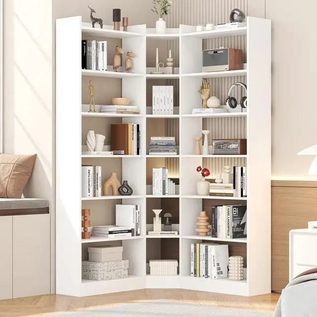 Alt view image 6 of 6 - 70.8" Tall Corner Bookshelf, 7 Tiers Large Etagere Bookcases with Baffles, L-Shaped Modern Storage Display Rack Industrial Bookshelves for Bedroom, Home Office, Living Room & Kitchen, White