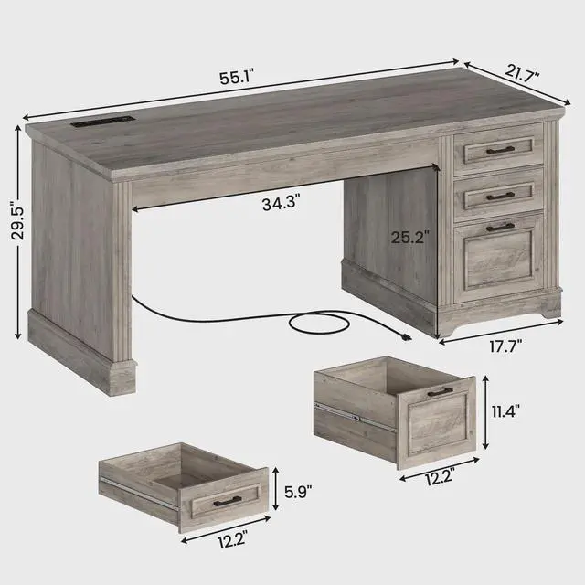 Alt view image 2 of 6 - Executive Office Desk with 3 Drawers, Farmhouse 55" Computer Desk with Storage File Drawers & Power Outlet for Home Office, Grey