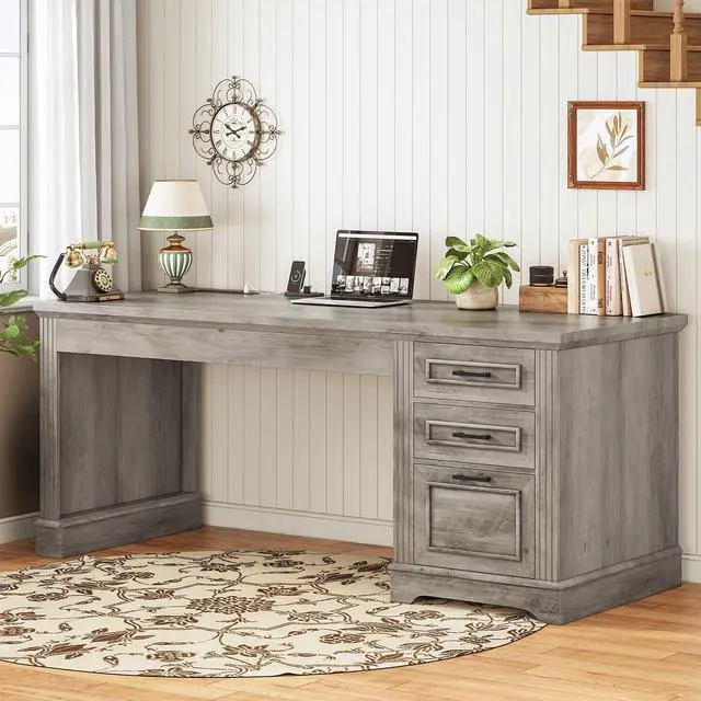 Alt view image 3 of 6 - Executive Office Desk with 3 Drawers, Farmhouse 55" Computer Desk with Storage File Drawers & Power Outlet for Home Office, Grey