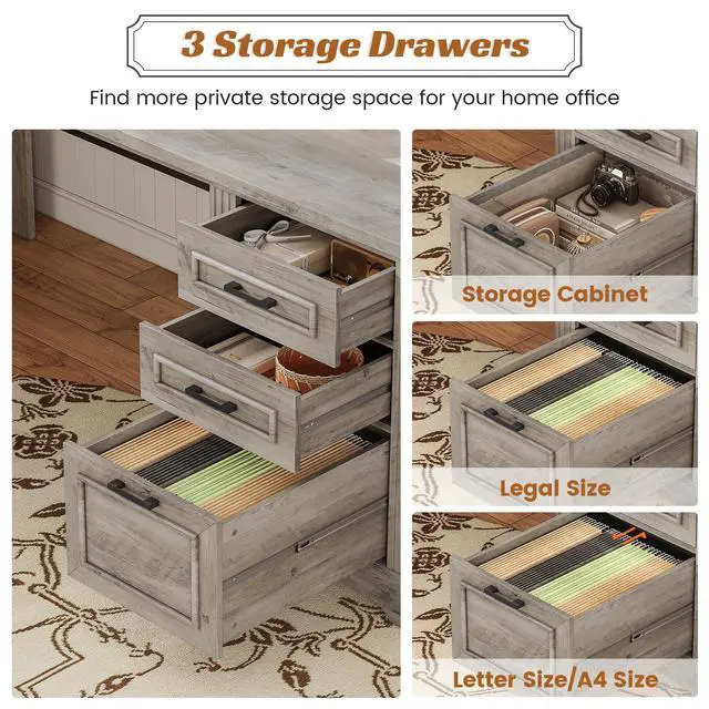 Alt view image 4 of 6 - Executive Office Desk with 3 Drawers, Farmhouse 55" Computer Desk with Storage File Drawers & Power Outlet for Home Office, Grey
