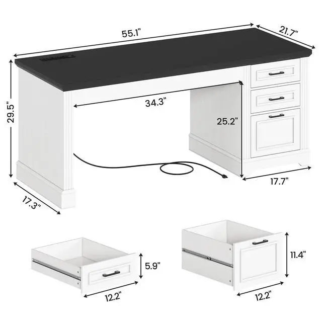 Alt view image 2 of 6 - Office Desk with 3 Drawers, 55" Executive Computer Desk with Storage Drawers, Farmhouse Desk with Power Outlet for Home Office, White