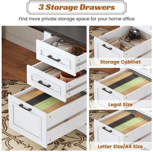 Alt view image 4 of 6 - Office Desk with 3 Drawers, 55" Executive Computer Desk with Storage Drawers, Farmhouse Desk with Power Outlet for Home Office, White