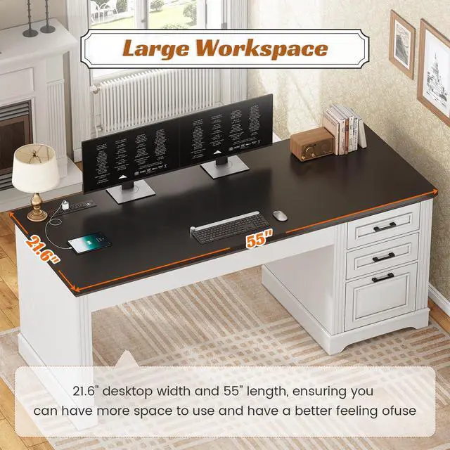 Alt view image 6 of 6 - Office Desk with 3 Drawers, 55" Executive Computer Desk with Storage Drawers, Farmhouse Desk with Power Outlet for Home Office, White