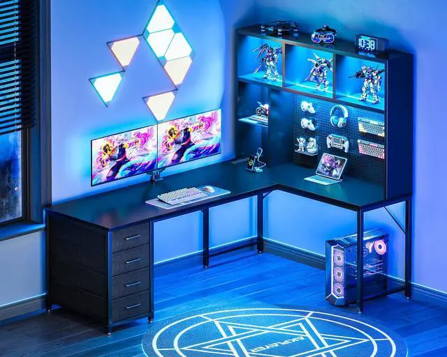 Main image of 63" L Shaped Gaming Desk with Hutch, Pegboard & Shelves, L Shaped Desk with 4 Drawers, Integrated LED Light Strip & Power Outlets, Reversible PC Gaming Computer Desk, Black