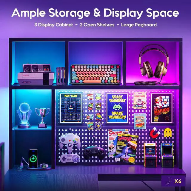 Alt view image 4 of 6 - 63" L Shaped Gaming Desk with Hutch, Pegboard & Shelves, L Shaped Desk with 4 Drawers, Integrated LED Light Strip & Power Outlets, Reversible PC Gaming Computer Desk, Black