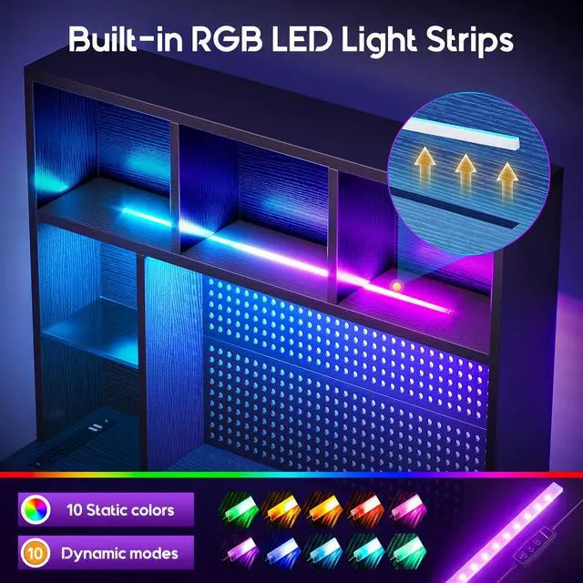 Alt view image 5 of 6 - 63" L Shaped Gaming Desk with Hutch, Pegboard & Shelves, L Shaped Desk with 4 Drawers, Integrated LED Light Strip & Power Outlets, Reversible PC Gaming Computer Desk, Black