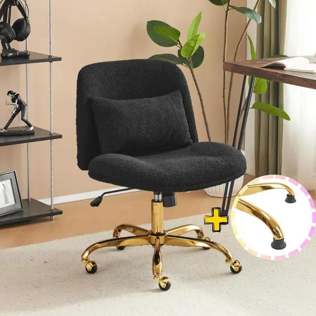 Main image of Wide Criss Cross Legged Office Chair,Buttprint Ergonomic Desk Chair Comfy with Pillow&Gold Base,Dual-Use with/no Wheels,Adjustable Vanity Swivel Chair for Bedroom,Home Office,Teddy Fleece,Black
