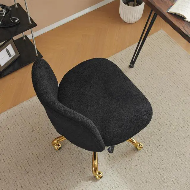 Alt view image 2 of 6 - Wide Criss Cross Legged Office Chair,Buttprint Ergonomic Desk Chair Comfy with Pillow&Gold Base,Dual-Use with/no Wheels,Adjustable Vanity Swivel Chair for Bedroom,Home Office,Teddy Fleece,Black
