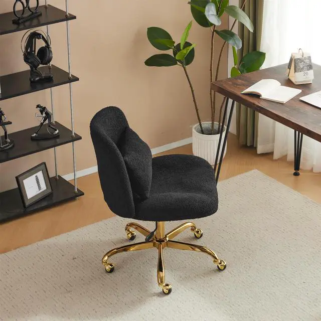 Alt view image 4 of 6 - Wide Criss Cross Legged Office Chair,Buttprint Ergonomic Desk Chair Comfy with Pillow&Gold Base,Dual-Use with/no Wheels,Adjustable Vanity Swivel Chair for Bedroom,Home Office,Teddy Fleece,Black