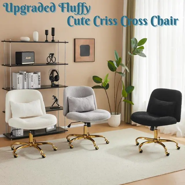 Alt view image 6 of 6 - Wide Criss Cross Legged Office Chair,Buttprint Ergonomic Desk Chair Comfy with Pillow&Gold Base,Dual-Use with/no Wheels,Adjustable Vanity Swivel Chair for Bedroom,Home Office,Teddy Fleece,Black