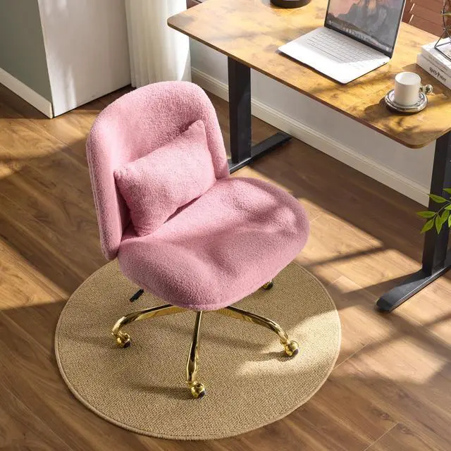 Alt view image 2 of 6 - Wide Criss Cross Legged Office Chair,Buttprint Ergonomic Desk Chair Comfy with Pillow&Gold Base,Dual-Use with/no Wheels,Adjustable Vanity Swivel Chair for Bedroom,Home Office,Teddy Plush,Purple
