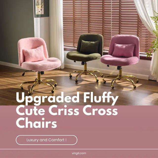 Alt view image 3 of 6 - Wide Criss Cross Legged Office Chair,Buttprint Ergonomic Desk Chair Comfy with Pillow&Gold Base,Dual-Use with/no Wheels,Adjustable Vanity Swivel Chair for Bedroom,Home Office,Teddy Plush,Purple