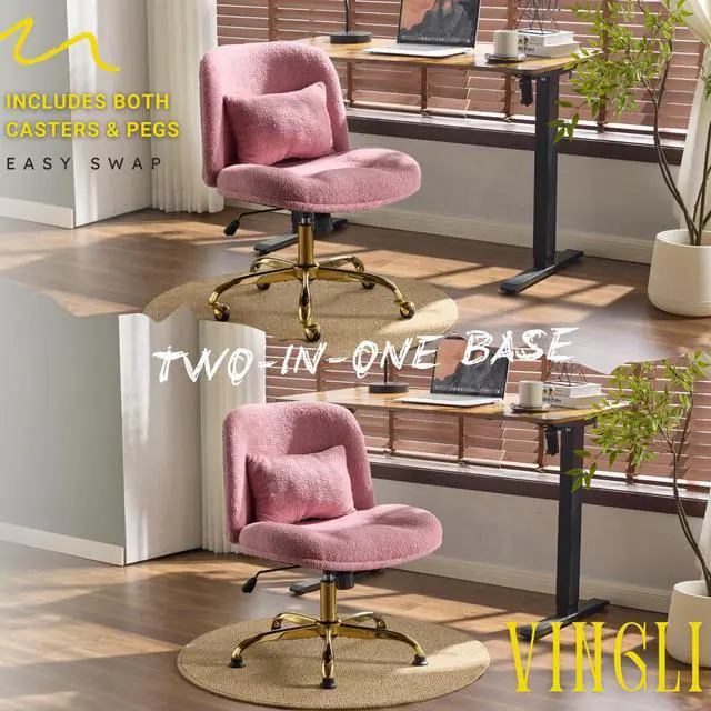 Alt view image 4 of 6 - Wide Criss Cross Legged Office Chair,Buttprint Ergonomic Desk Chair Comfy with Pillow&Gold Base,Dual-Use with/no Wheels,Adjustable Vanity Swivel Chair for Bedroom,Home Office,Teddy Plush,Purple