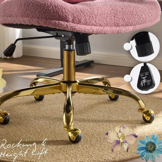 Alt view image 6 of 6 - Wide Criss Cross Legged Office Chair,Buttprint Ergonomic Desk Chair Comfy with Pillow&Gold Base,Dual-Use with/no Wheels,Adjustable Vanity Swivel Chair for Bedroom,Home Office,Teddy Plush,Purple
