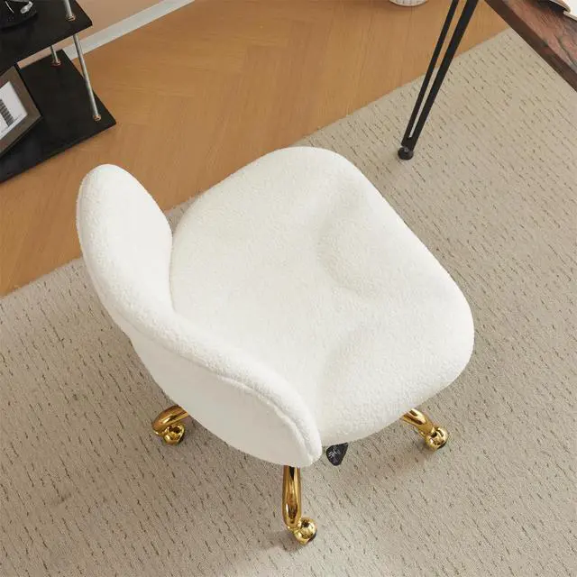 Alt view image 2 of 6 - Wide Criss Cross Legged Office Chair,Buttprint Ergonomic Desk Chair Comfy with Pillow&Gold Base,Dual-Use with/no Wheels,Adjustable Vanity Swivel Chair for Bedroom,Home Office,Teddy Fleece,White