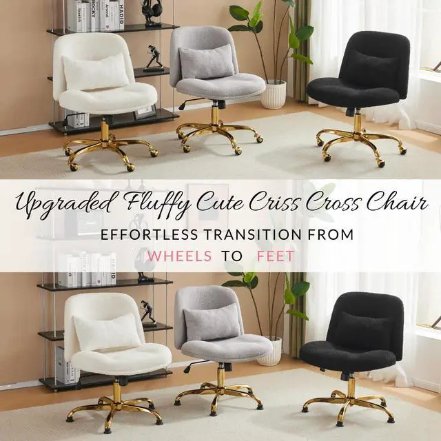 Alt view image 3 of 6 - Wide Criss Cross Legged Office Chair,Buttprint Ergonomic Desk Chair Comfy with Pillow&Gold Base,Dual-Use with/no Wheels,Adjustable Vanity Swivel Chair for Bedroom,Home Office,Teddy Fleece,White