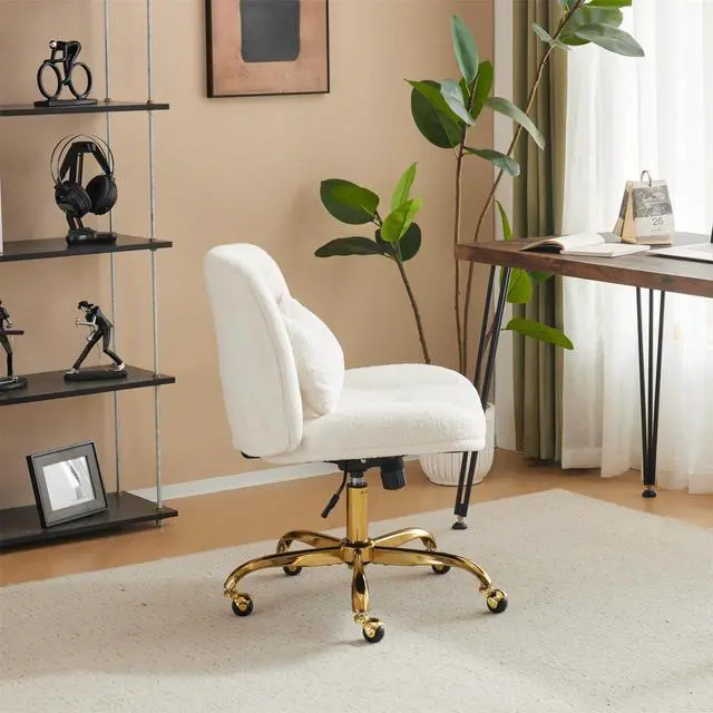 Alt view image 5 of 6 - Wide Criss Cross Legged Office Chair,Buttprint Ergonomic Desk Chair Comfy with Pillow&Gold Base,Dual-Use with/no Wheels,Adjustable Vanity Swivel Chair for Bedroom,Home Office,Teddy Fleece,White