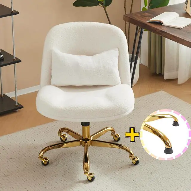 Alt view image 6 of 6 - Wide Criss Cross Legged Office Chair,Buttprint Ergonomic Desk Chair Comfy with Pillow&Gold Base,Dual-Use with/no Wheels,Adjustable Vanity Swivel Chair for Bedroom,Home Office,Teddy Fleece,White