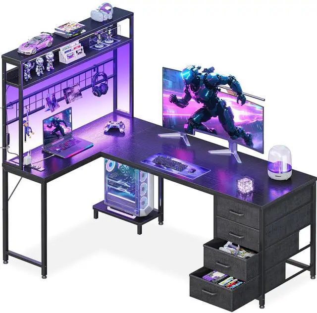 Main image of L Shaped Gaming Desk with 4 Drawers, 59" Reversible Computer Desk with Hutch and Shelves, Gamer Desk with LED Lights, Power Outlets, Home Office Corner Desk with Gird Pegboard, Black