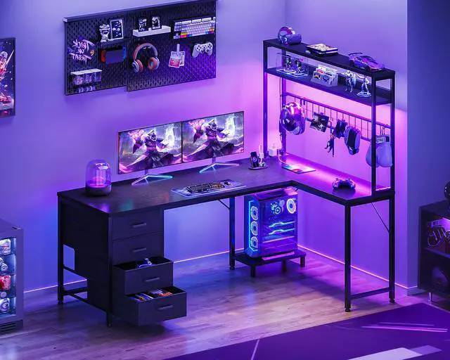Alt view image 2 of 6 - L Shaped Gaming Desk with 4 Drawers, 59" Reversible Computer Desk with Hutch and Shelves, Gamer Desk with LED Lights, Power Outlets, Home Office Corner Desk with Gird Pegboard, Black