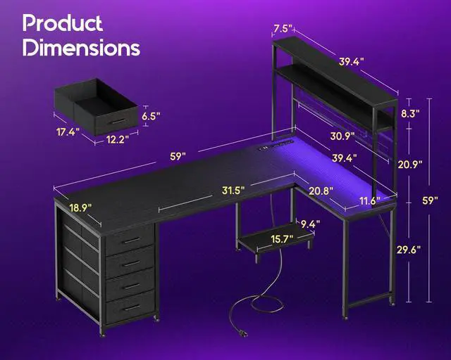Alt view image 3 of 6 - L Shaped Gaming Desk with 4 Drawers, 59" Reversible Computer Desk with Hutch and Shelves, Gamer Desk with LED Lights, Power Outlets, Home Office Corner Desk with Gird Pegboard, Black